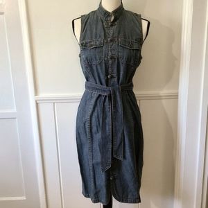 Ralph Lauren Jean Denim Dress Petite Size 10P Sleeveless Waist Tie Button Front